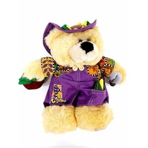Apple Harvest 1999 Farmer Plush Bear Toy with Overalls Glasses Hat Spade 11"